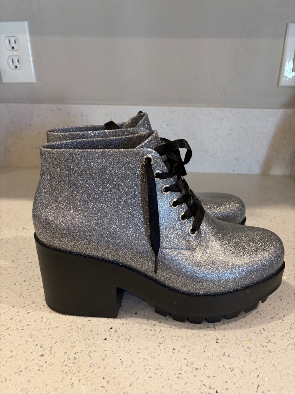 Melissa Silver Glitter Lace-Up Chunky Heel Ankle Boots
